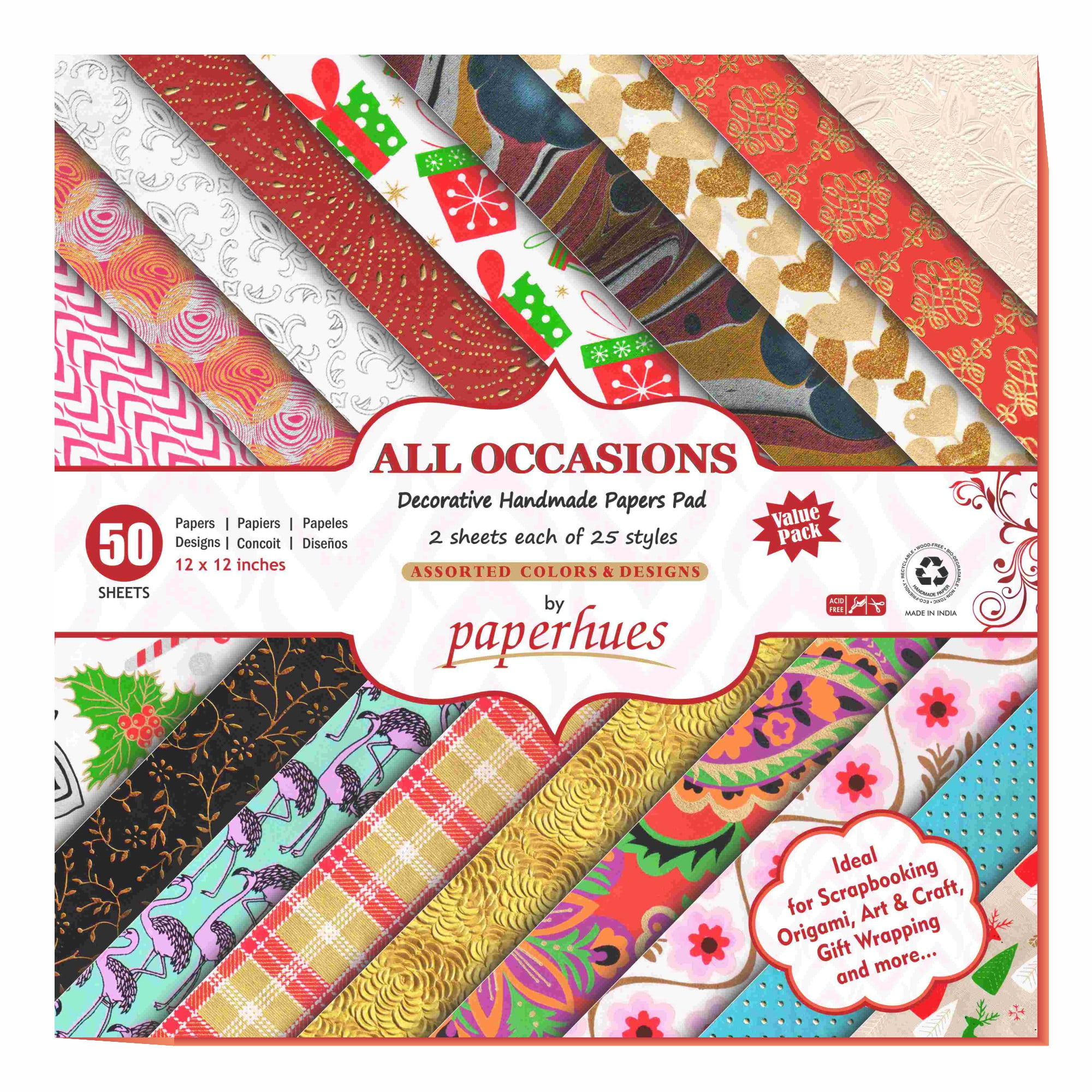 Paperhues All Occasions Handmade Scrapbook Paper 12 x 12" Pad, 50 Sheets (2 sheets each of 25 styles)