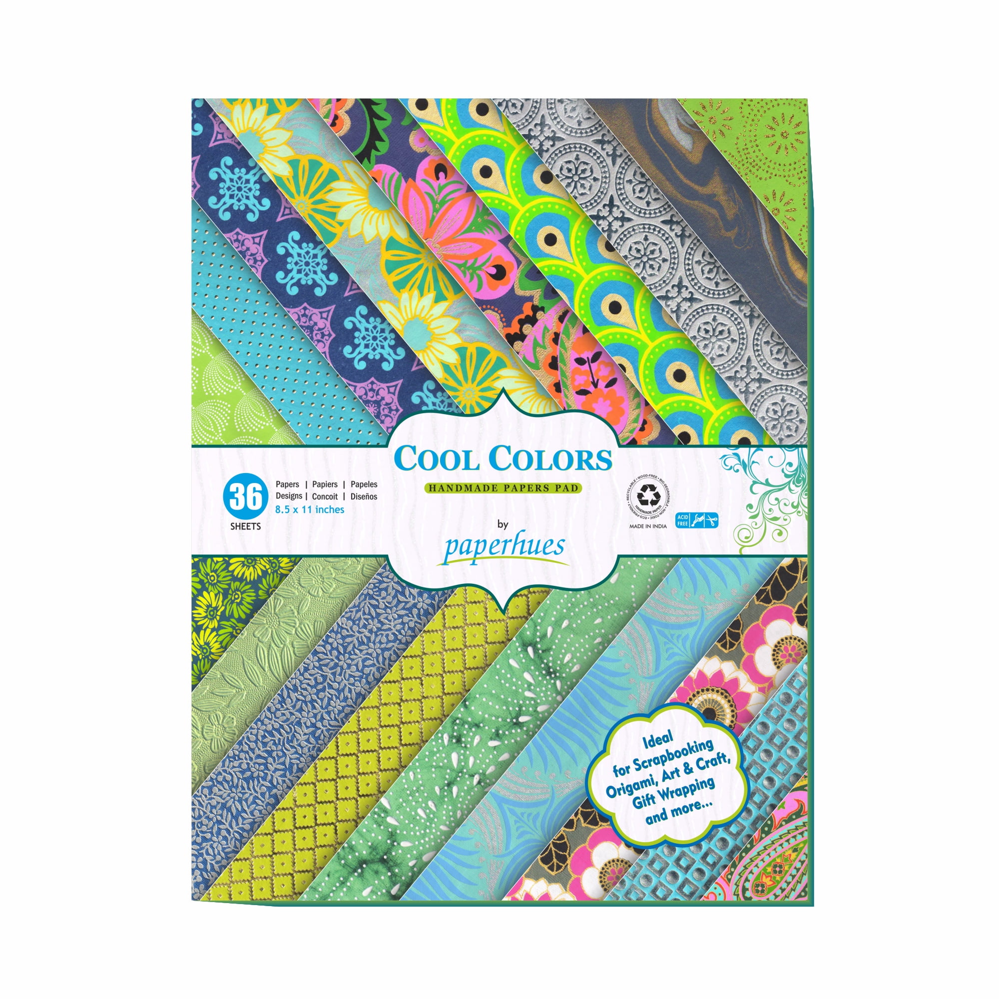 Paperhues Cool Colors Collection Handmade Scrapbook Papers 8.5x11" Pad, 36 Sheets.
