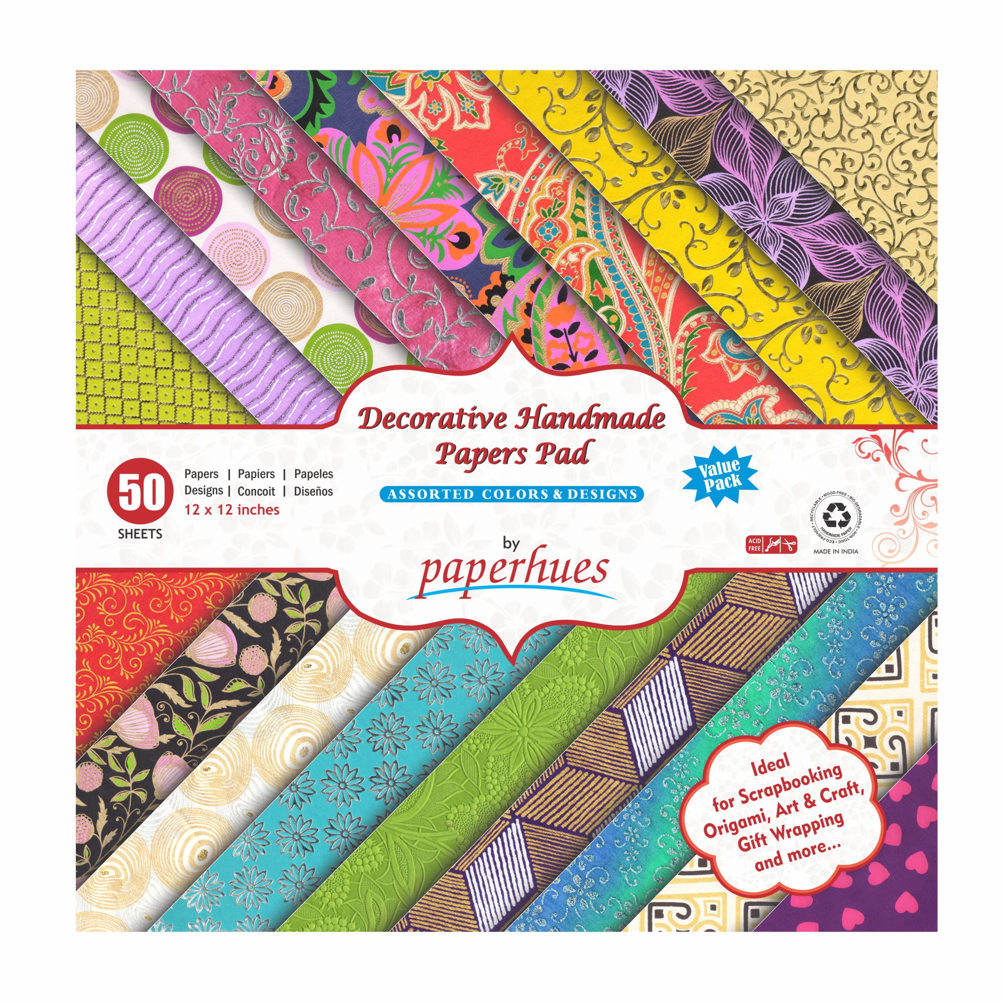 Paperhues Decorative Scrapbook Papers 12x12" Pad, 50 Sheets. Assorted Colors