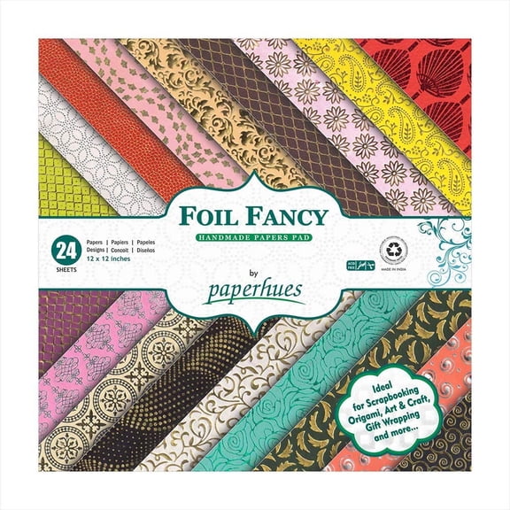 Paperhues Foil Fancy Collection Handmade Scrapbook Papers 12x12" Pad, 24 Sheets.