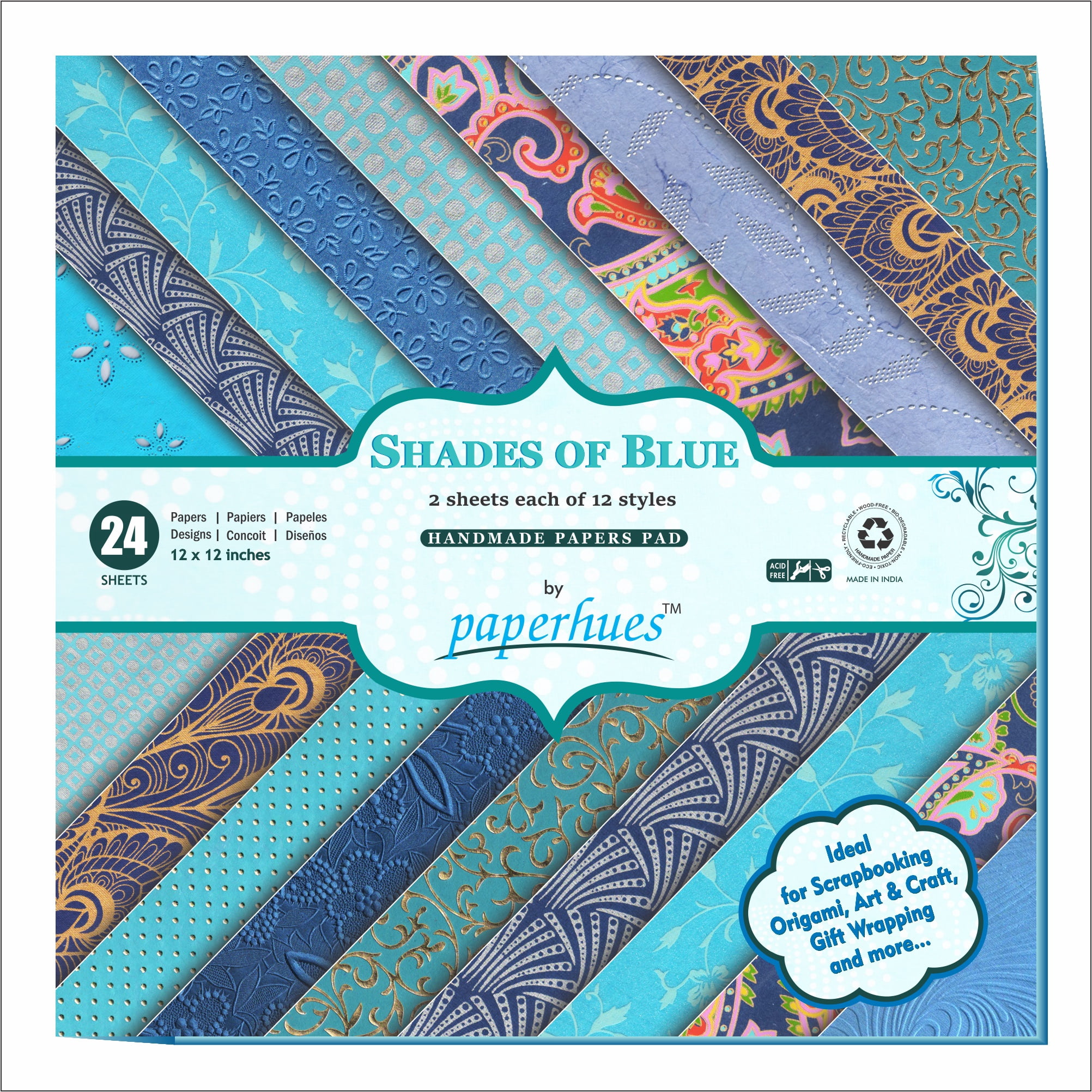 Paperhues Shades of Blue Handmade Scrapbook Paper 12 x 12" Pad, 24 Sheets (2 sheets each of 12 styles)