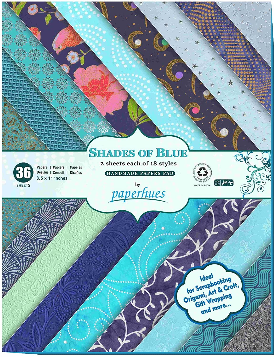 Paperhues Shades of Blue Handmade Scrapbook Paper 8.5 x 11" Pad, 36 Sheets (2 sheets each of 18 styles)