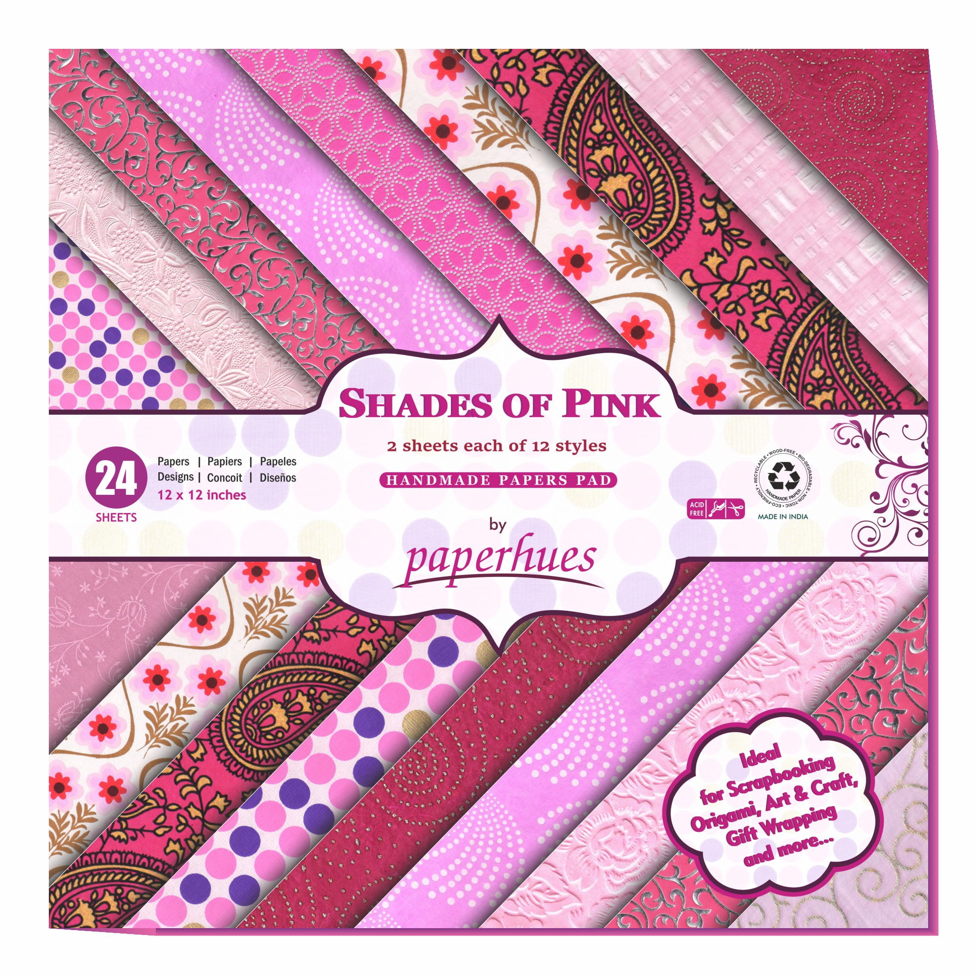Paperhues Shades of Pink Handmade Scrapbook Paper 12 x 12" Pad, 24 Sheets (2 sheets each of 12 styles)