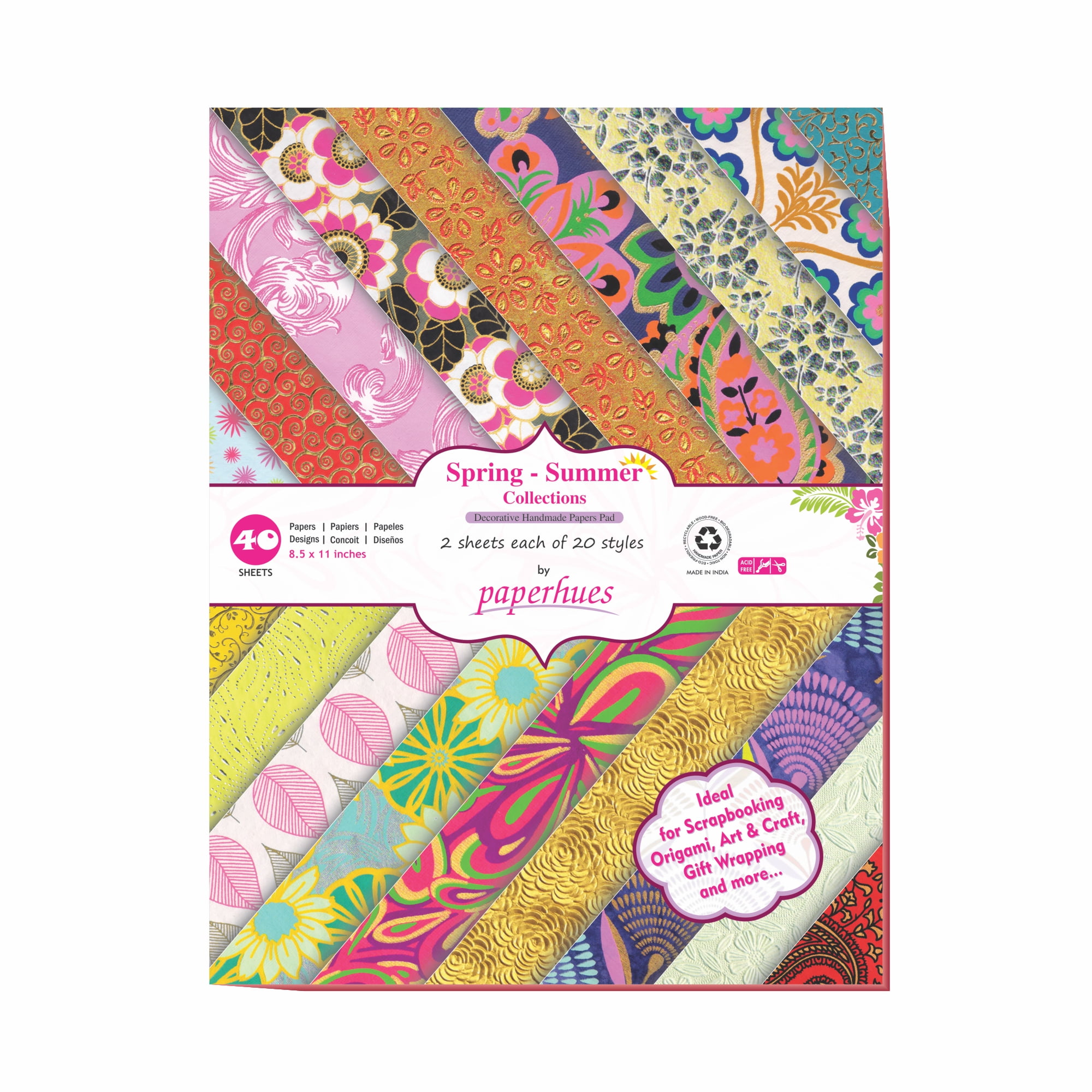 Paperhues Spring-Summer Decorative Handmade Scrapbook Paper 8.5x11" Pad, 40 Sheets.