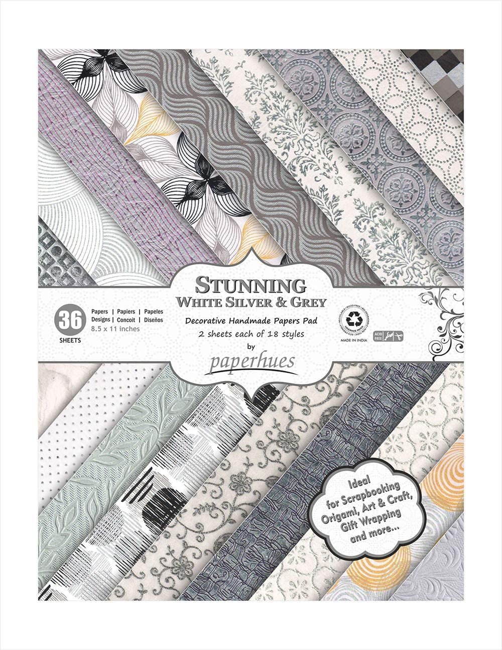 Paperhues Stunning White Silver Grey Handmade Scrapbook Paper 8.5 x 11" Pad, 36 Sheets (2 sheets each of 18 styles)