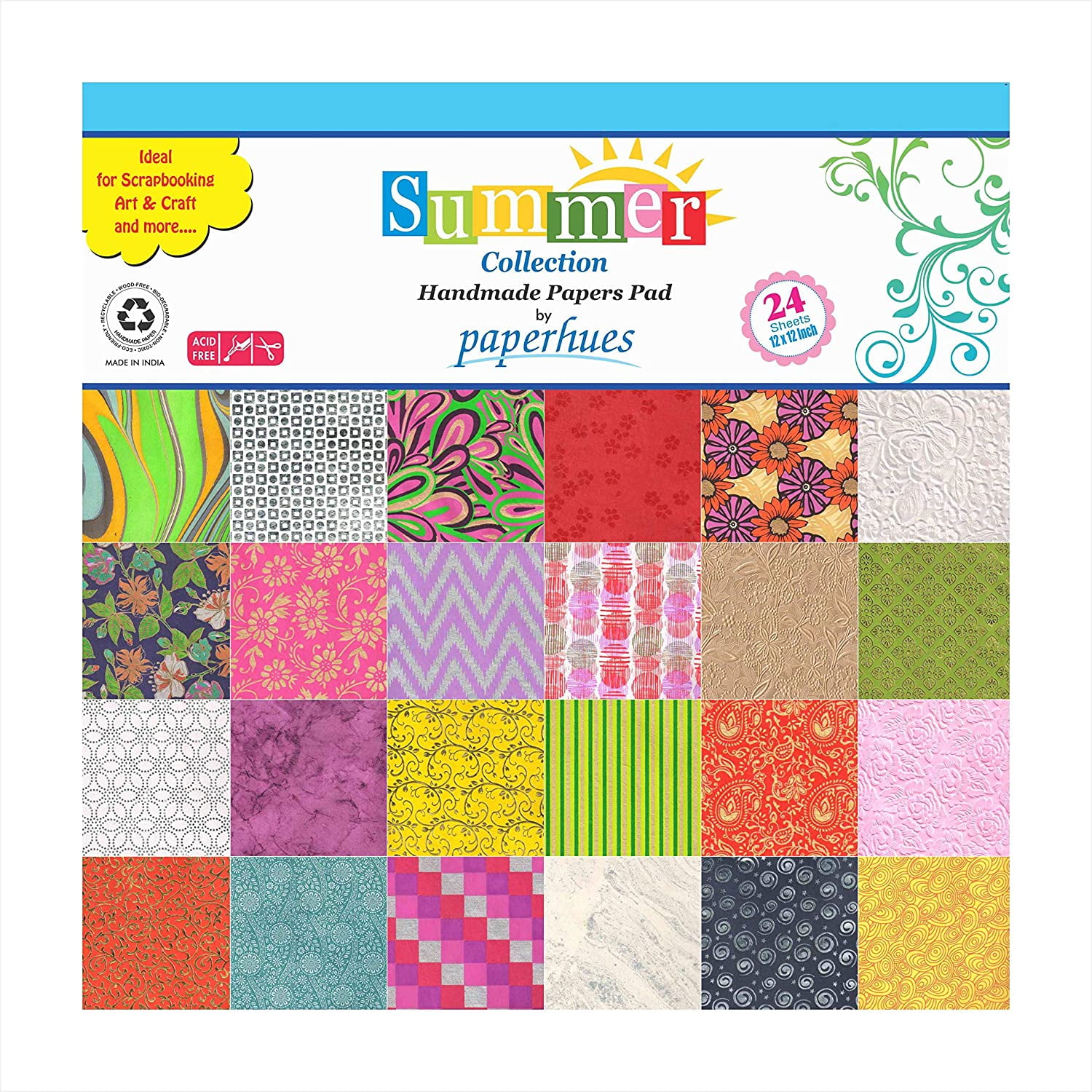 Paperhues Summer Handmade Scrapbook Papers Collection 12x12" Pad, 24 Sheets