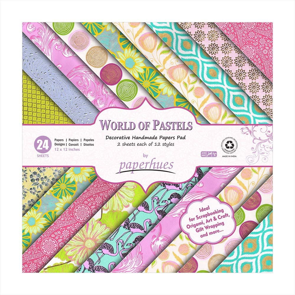 Paperhues World of Pastels Handmade Scrapbook Paper 12 x 12" Pad, 24 Sheets (2 sheets each of 12 styles)