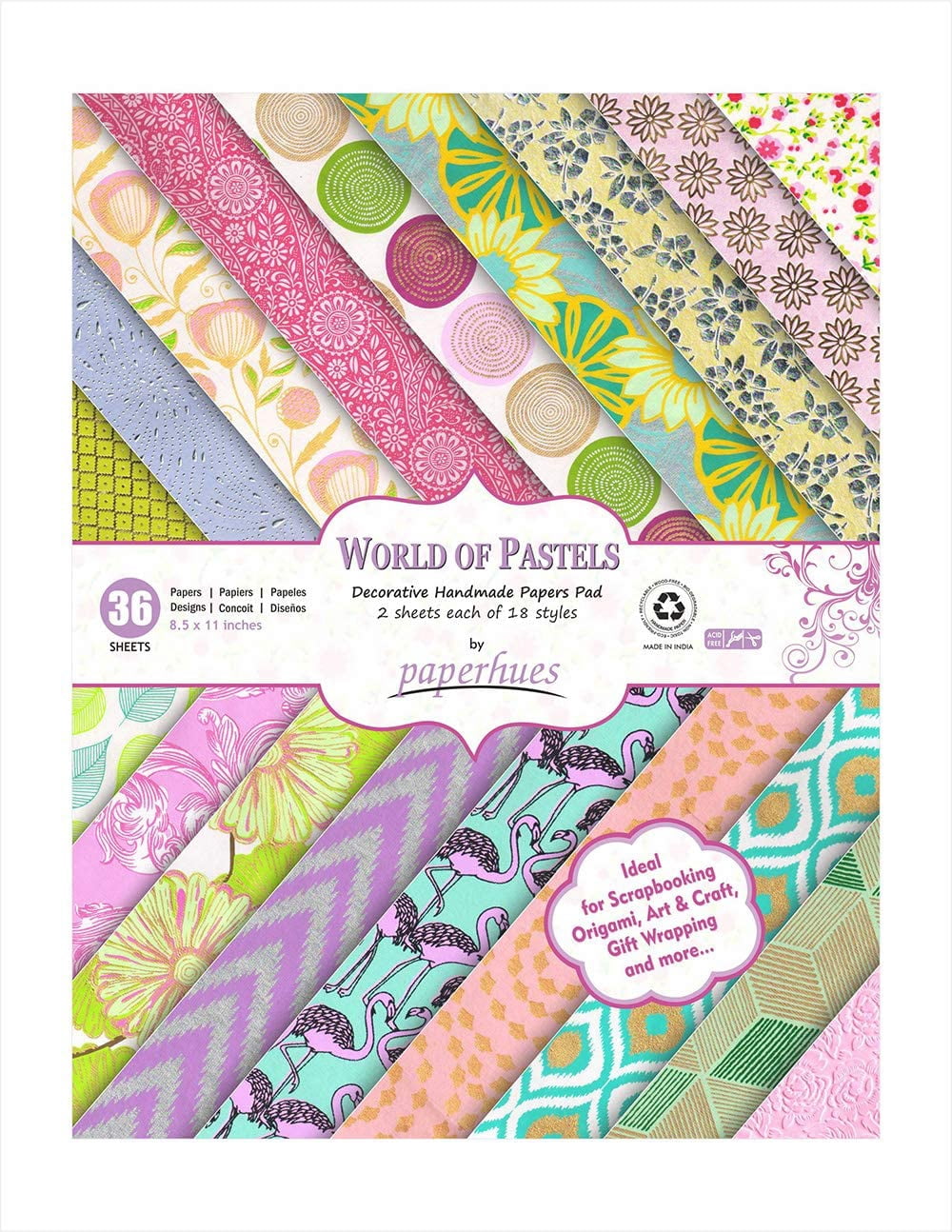 Paperhues World of Pastels Handmade Scrapbook Paper 8.5 x 11" Pad, 36 Sheets (2 sheets each of 18 styles)