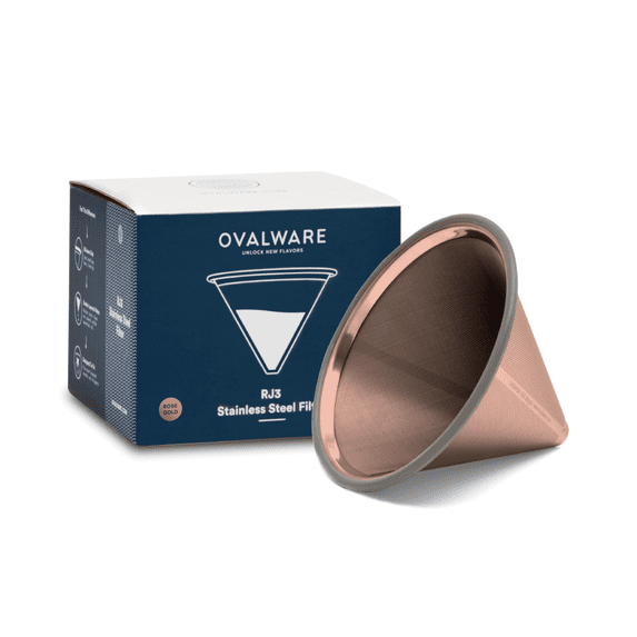 Paperless Stainless Steel Pour Over Coffee Filter – Reusable and Permanent Coffee Cone Dripper for Ovalware, Chemex, Hario and Other Carafes (Titanium Rose Gold)