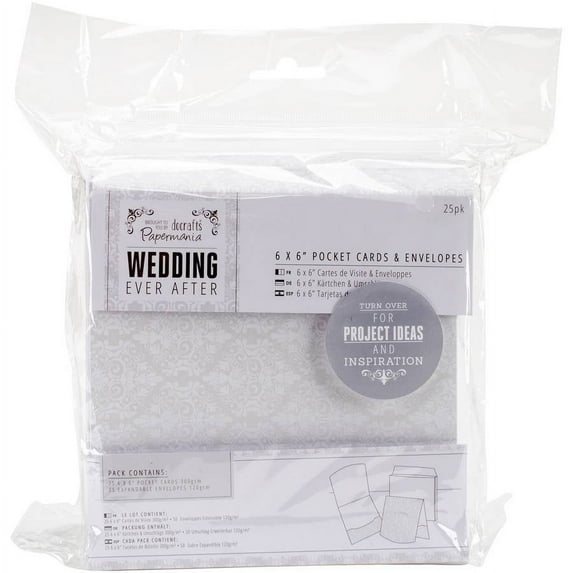 Papermania Ever After Wedding Cards with Envelopes, 6" x 6", 25pk, Pocket White Damask Screen Print