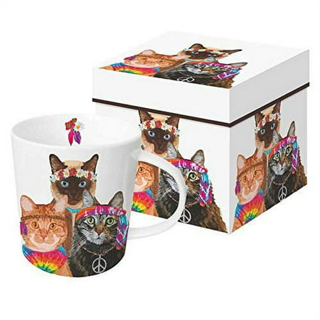 Paperproducts Design Groovy Cats Coffee Mug - White Bone China Cup with Hippie Kitties Print - Holds 13 1/2 Ounces