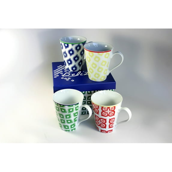 Set of 4 Colorful Belize Porcelain Coffee Mugs with Gift Box - 14 ounces