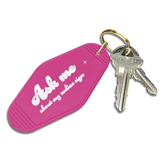 Papersalt Ask Me About My Zodiac Sign | Funny Pink Retro Motel Keychain