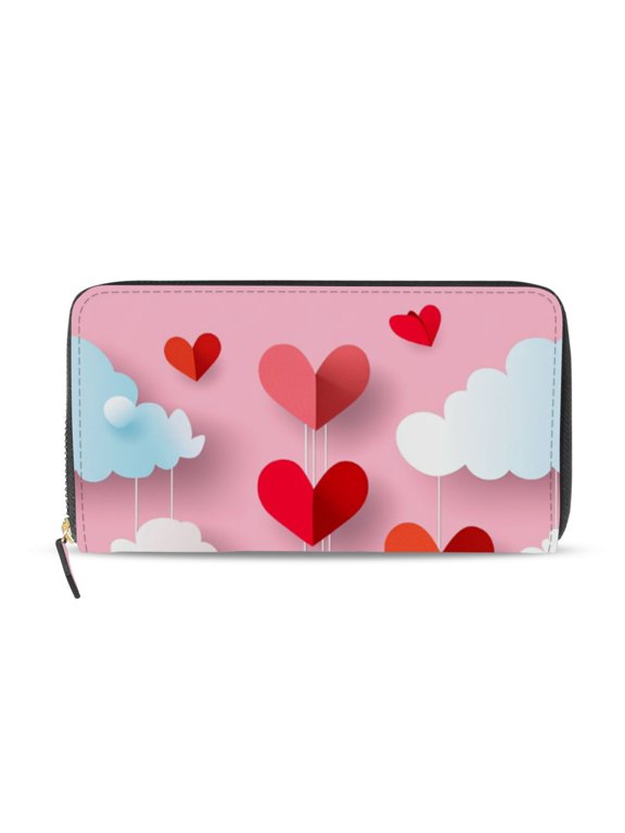 Papery Clouds and Hearts Valentine Women's Long Zipper Wallet Bifold Clutch Purse PU Leather Card Cases