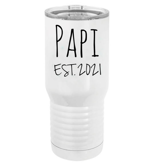 Papi Est. 2021 Established Stainless Steel Vacuum Double-Walled Insulated 20 Oz Tumbler Travel Coffee Mug with Clear Lid, White