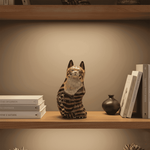NATRIEL Handcrafted Papier Mache Cat Figurine, Striped Tabby Design with Green Eyes, 10.6 x 5.1 Inches, Home Decor Statue