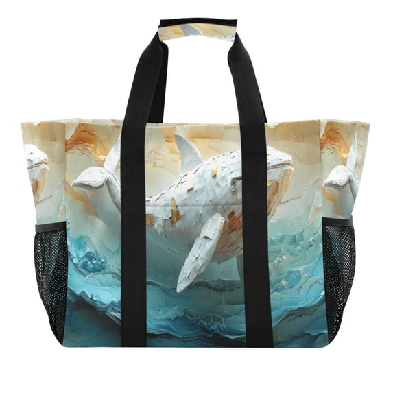 Papier Mache Ivory Whale Reusable Grocery Bags with Handle Side Pocket Waterproof Shopping Portable Tote