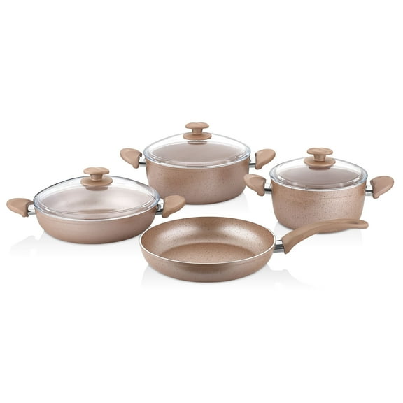 Papilla ARGOS Granite Effect 7-Piece Non-Stick Cookware Set Cast Aluminum Pots and Pans Set with Lids Nonstick Kitchen Cooking Sets Stockpots and Frying Pan, Gold Ochre Color