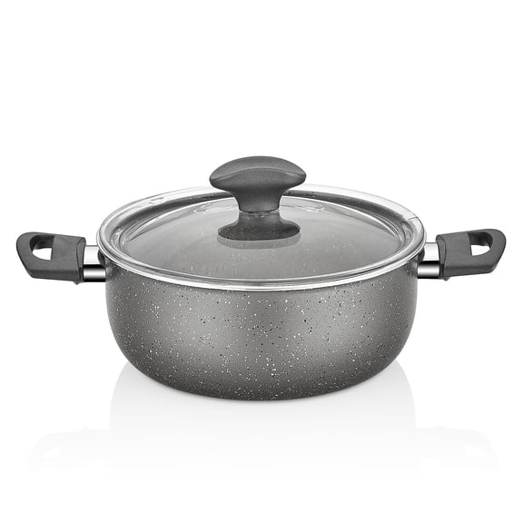 Papilla FRED Cast Aluminum Non-Stick Stockpot with Glass Lid 2.4 Qt (2.3 L) Granite Nonstick Stock Pot for Cooking Soup Pot with Lid Cookware, Dark Gray