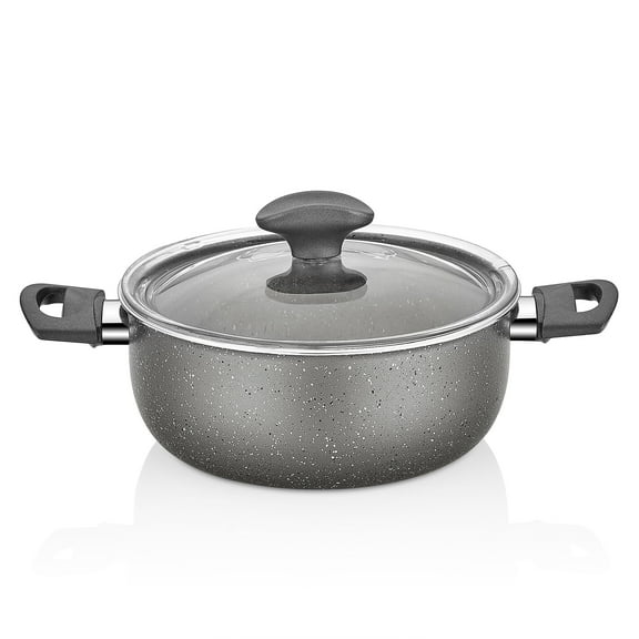 Papilla FRED Cast Aluminum Non-Stick Stockpot with Glass Lid 3.9 Qt (3.7 L) Granite Nonstick Stock Pot for Cooking Soup Pot with Lid Cookware, Dark Gray
