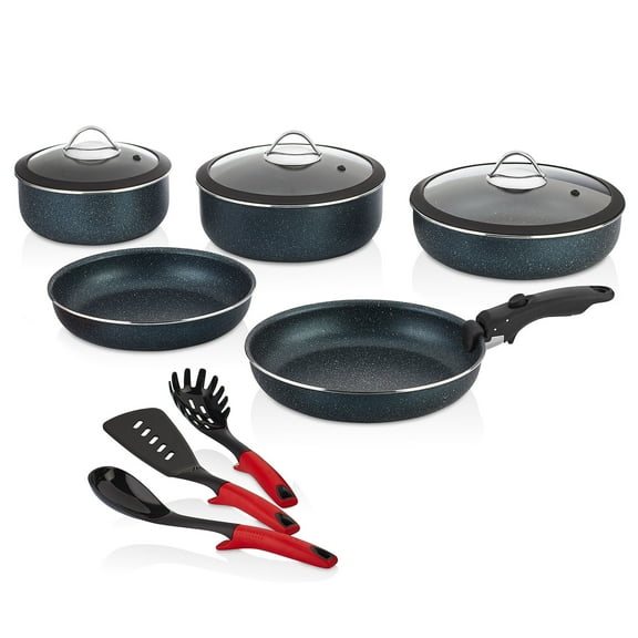 Papilla MOTTO 12-Piece Stackable Non-Stick Cookware Set with Fork Spatula Spoon Forged Aluminum Pots and Pans Set with Lids Nonstick Kitchen Cooking Sets Granite Stockpots and Frying Pan, Dark Gray
