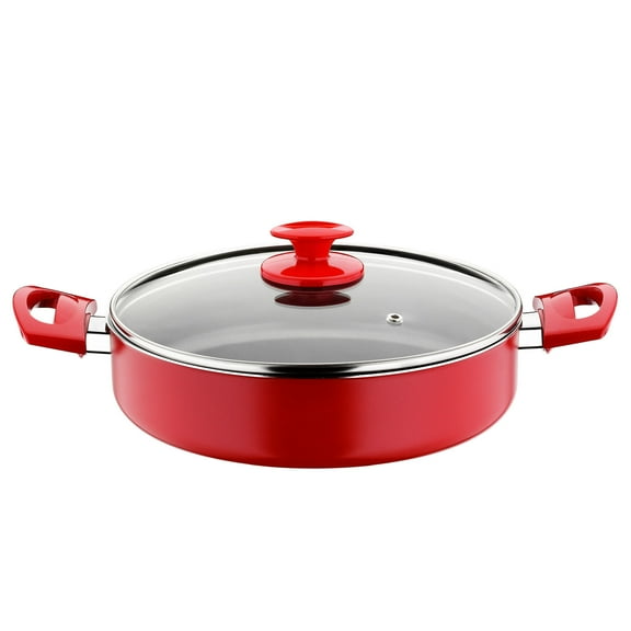 Papilla REDIO Cast Aluminum Non-Stick Low Stockpot with Glass Lid 3.3 Qt (3.1 L) Nonstick Stock Pot for Cooking Soup Pot with Lid Cookware, Red