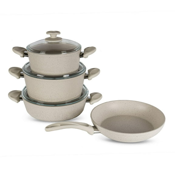 Papilla WILMA Die-Cast Aluminum 7-Piece Non-Stick Cookware Set Pots and Pans Set with Lids Nonstick Kitchen Cooking Sets Stockpots and Frying Pan, Light Cream