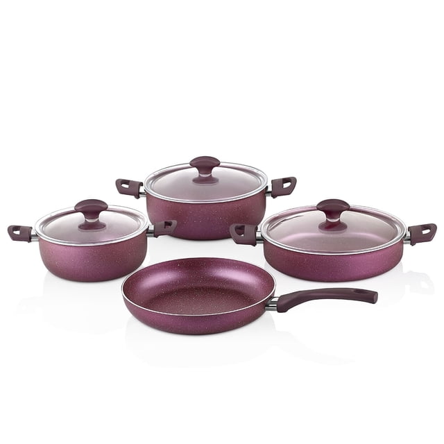 Papilla WILMA Die-Cast Aluminum 7-Piece Non-Stick Cookware Set Pots and Pans Set with Lids Nonstick Kitchen Cooking Sets Stockpots and Frying Pan, Purple