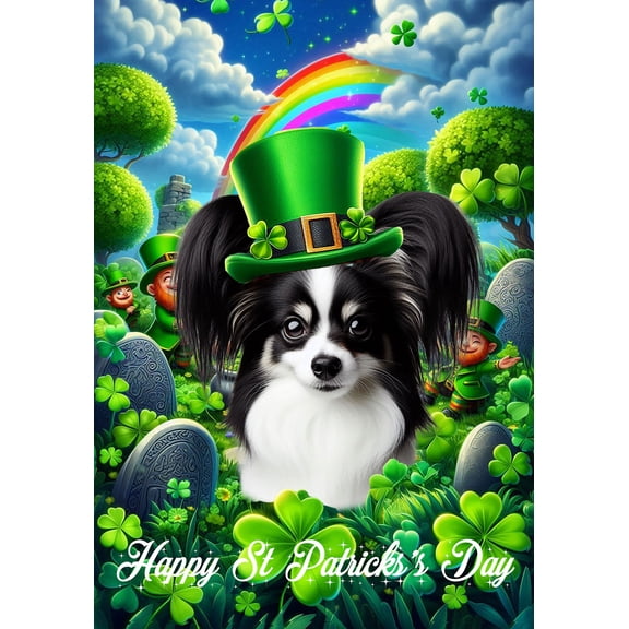 Papillion Black/White - Best of Breed Saint Patricks Day Outdoor House Flag 28" x 40" Mailbox Flag Dog Flag