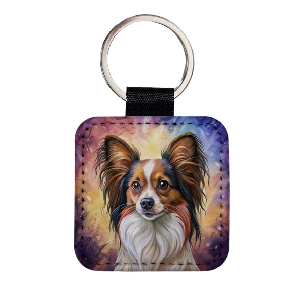 Papillion Dog Illustration Faux Leather Square Keychain