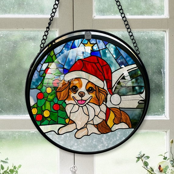 Papillon Christmas Tree Dog Ornament 2025 - Papillon Dog Christmas Stained Glass SunCatcher for Window, Dog Christmas Decoration, Christmas Keepsake