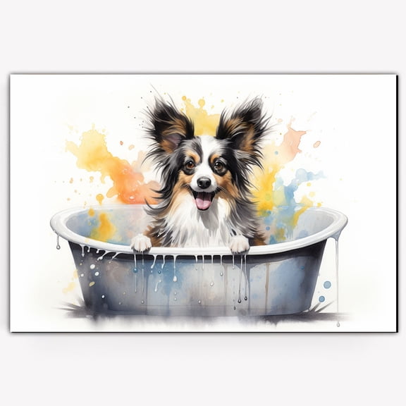 Papillon Cute Dog Cat in Bathtube Pictures Painting Prints, Funny Colorfull Animals Bathroom Wall Decor Pet Artworks Pet Gift Ready To Hang, Canvas Wall Art