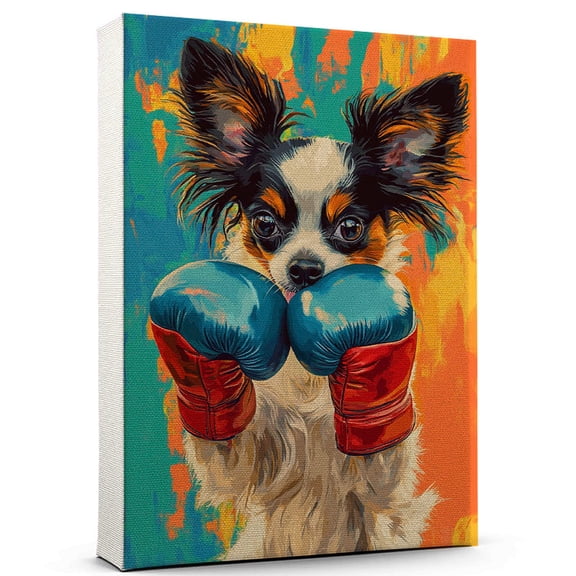 Papillon Dog Boxing Art Stretched Canvas Size 8x12 – Papillon Dog Playing Boxing Wall Art, Dog Lover Canvas, Sports Theme Decor for Living Room