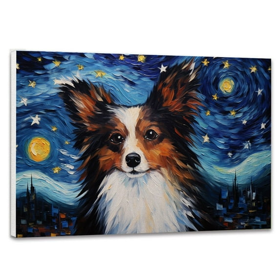 Papillon Dog Canvas Van Gogh Starry Night Wall Art Gifts Canvas Wall Art Frame Music Artist Customized Canvas Framed Photo Art Work For The Bedroom(Gifts For Dog Lover )