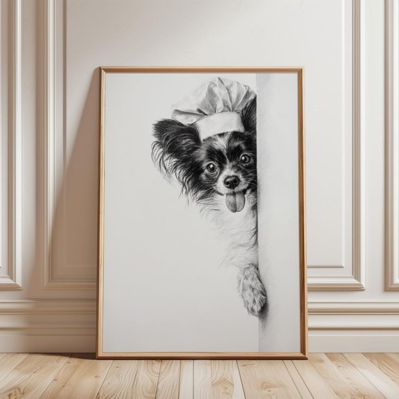 Papillon Dog Chef Sketch Print Detailed Pencil Kitchen Wall Art, Unframed Paper Print