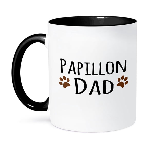 3dRose, Papillon Dog Dad - Doggie by breed - muddy brown paw prints - doggy lover - proud pet owner love, 15oz Two-Tone Black Mug