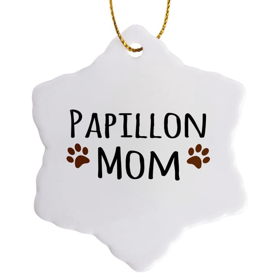 Papillon Dog Mom - Doggie By Breed - Muddy Brown Paw Prints - Doggy Lover Proud Pet Owner Mama Love, 3 inch Snowflake Porcelain Ornament
