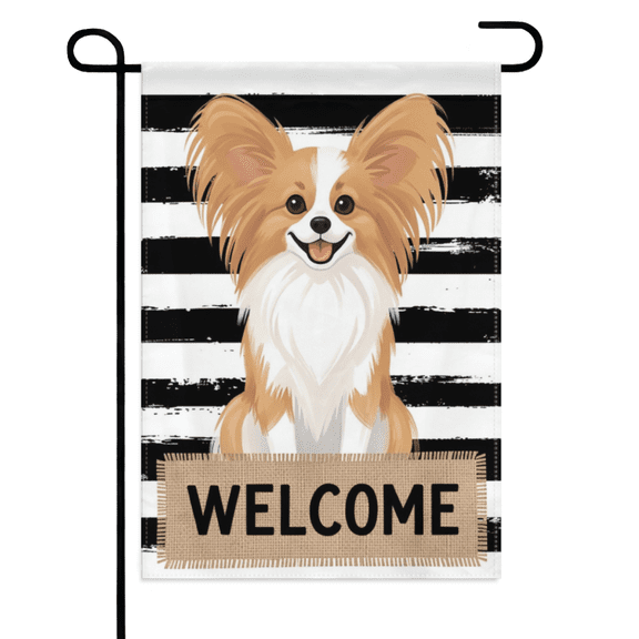 Papillon Dog Welcome Garden Flag 12×18in Double Sided Cute Pet Dog Lover Outdoor UV Protected Decor For Outdoor Porch Lawn Patio Yard Home