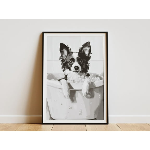 Papillon Dog in Bathtub Poster Bubble Bath Art Print Cute Puppy Wall Decor Bathroom Art Dog Lover Gift Pet Portrait Poster - Poster Unframed