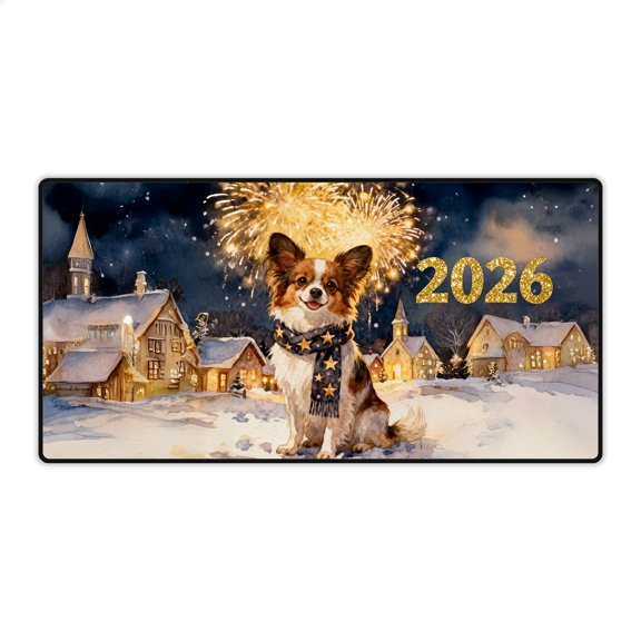 Papillon Happy New Year 2026 with Fireworks on New Year's Eve Desk Mat Full Keyboard Mouse Pad Pap Butterfly Dog Lover Large Mousepad - 12022