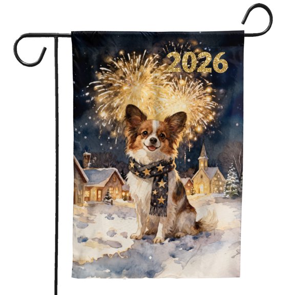 Papillon Happy New Year 2026 with Fireworks on New Year's Eve Garden Flag 12x18in Double Sided Pap Butterfly Dog Lover Outdoor Decor - 12022