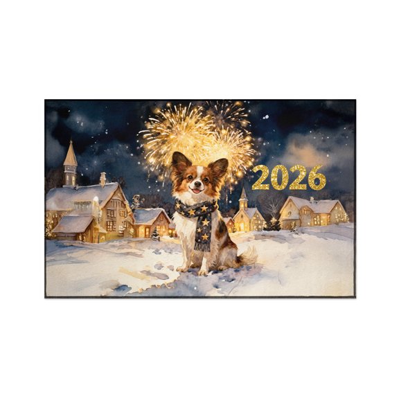 Papillon Happy New Year 2026 with Fireworks on New Year's Eve Indoor Rug Pap Butterfly Dog Lover Carpet Living Bed Room Sofa Home Decor - 12022