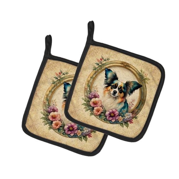 Papillon and Flowers Pair of Pot Holders