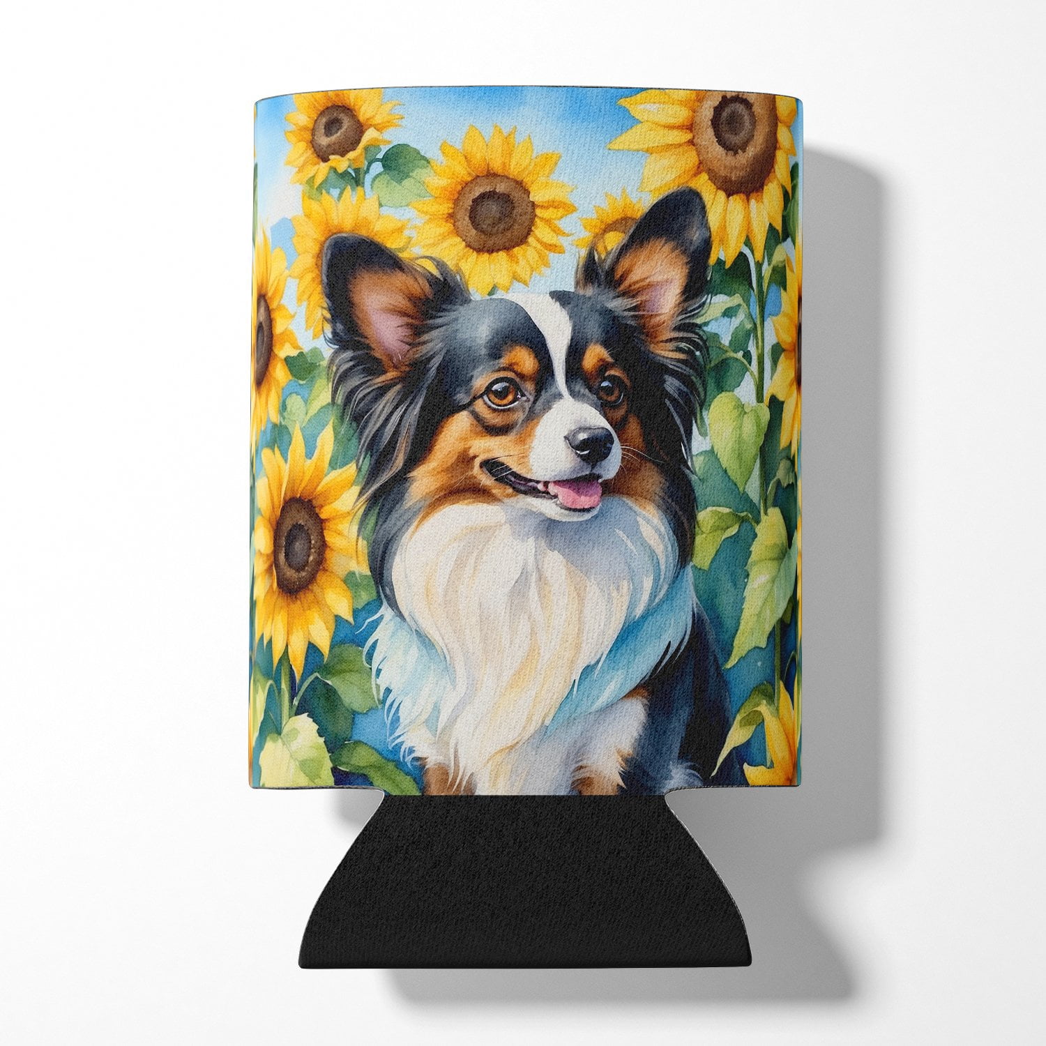 Papillon in Sunflowers Can or Bottle Hugger 3 in x 5 in