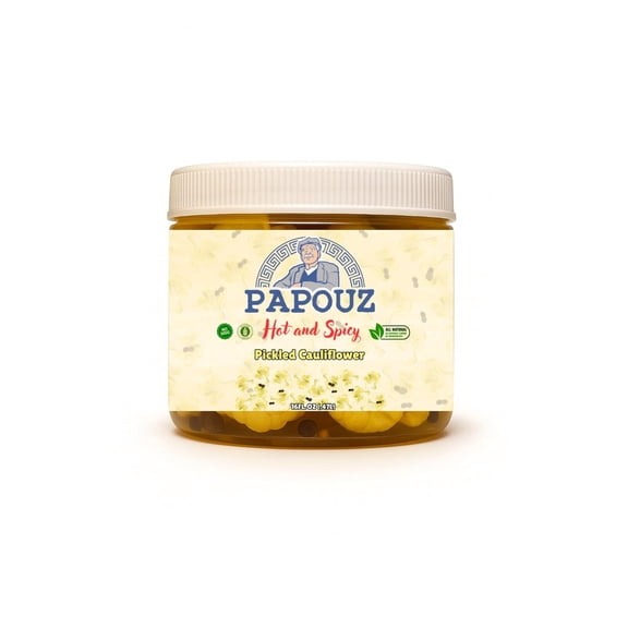 Papouz 16 OZ Hot & Spicy Pickled Cauliflower Jar All Natural, Premium Cauliflower & Cascabella Chili Peppers Blend, Low Calorie, Gluten Free, Fat Free, No Preservatives, Low Sugar