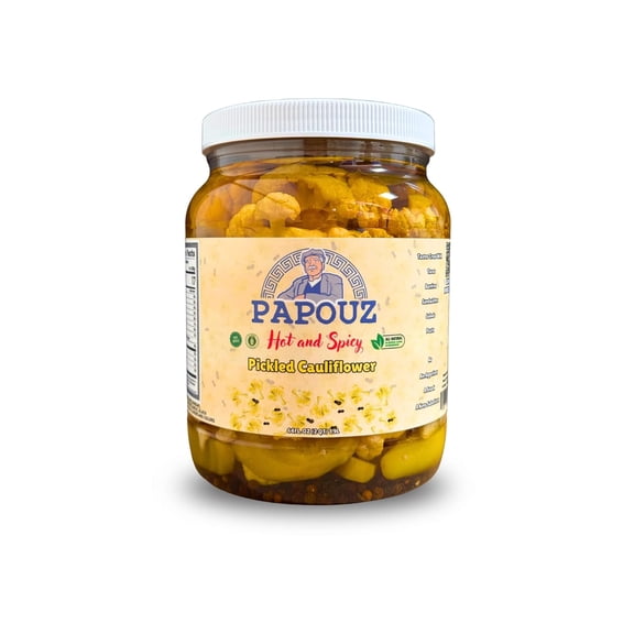 Papouz 64 OZ Hot & Spicy Pickled Cauliflower Jar All Natural, Premium Cauliflower & Cascabella Chili Peppers Blend, Low Calorie, Gluten Free, Fat Free, No Preservatives, Low Sugar