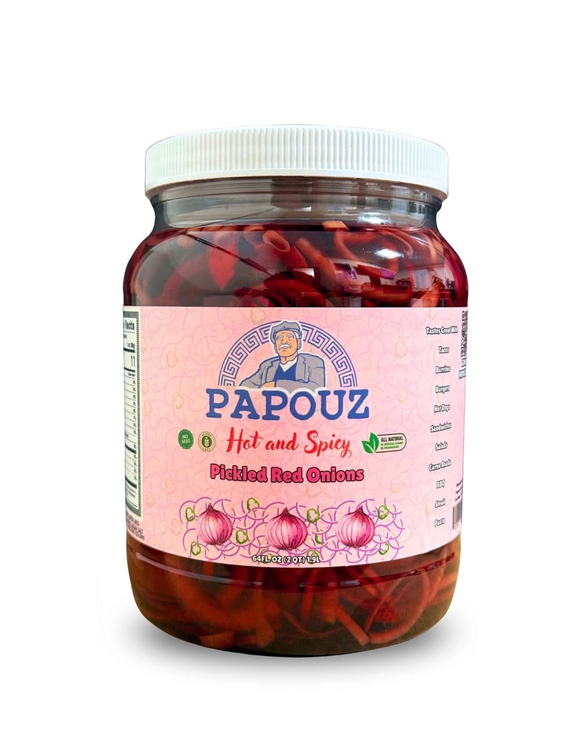 Papouz 64 Oz Hot & Spicy Pickled Red Onions Jar All Natural, Premium Red Onion & Jalapeño Blend w/ Vegetables, Low Calorie, Gluten Free, Fat Free, No Preservatives, Low Sugar