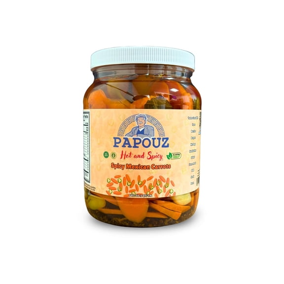Papouz 64 OZ Spicy Mexican Pickled Carrots Jar All Natural, Jalapeos & Cascabella Chili Peppers Blend, Family Recipe, Low Calorie, Gluten Free, Fat Free, No Preservatives