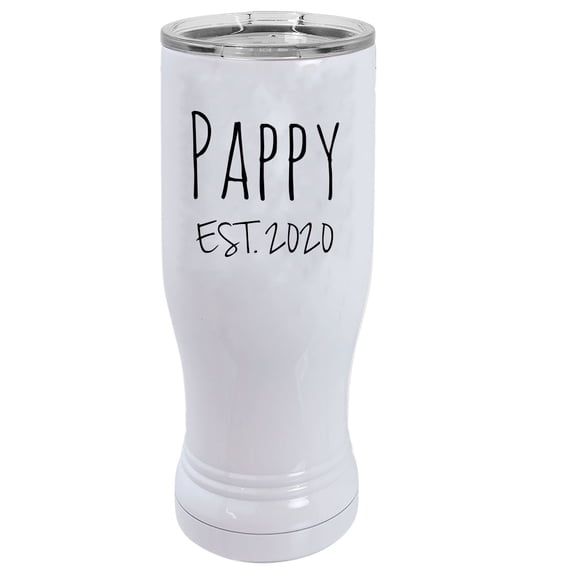 Pappy Est. 2020 Established 14 oz White Stainless Steel Double-Walled Insulated Pilsner Beer Coffee Mug with Clear Lid
