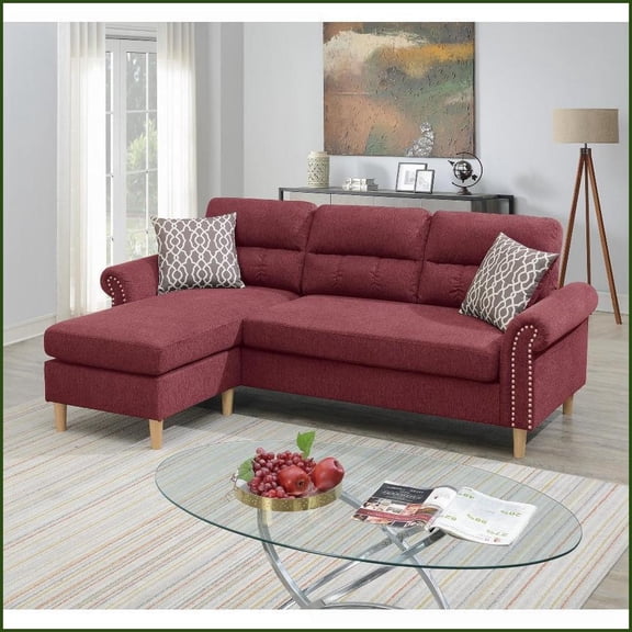 Paprika Red Velvet Reversible Sectional Sofa 87 Living Room Couch with Pillows | Red | Velvet | Cushion Back